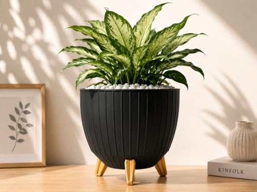 Image of Xmart India 7 Inch Decorative Plant Pot for Indoor & Outdoor Plants | Planter Pot with Stand & Legs |Ribbed Flower Pot for Home, Balcony, Garden, Living Room & Office | Plant Container (1, Black)