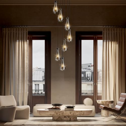 RINGRAIN 7-Lights Brass Raindrop Pendant Light, Black Modern Teardrop Crystal Chandelier for Living Room,Entryway, Staircase, Hallway, Foyer, Kitchen Island, Craft Room, Hotel Lobby