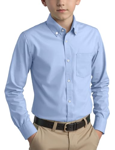 Spring&Gege Boys Long Sleeve Uniform Cotton Twill Button Down Shirt for Children Light Blue Size 9-10 Years