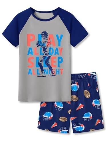 Beezizac Little Big Boys Pajamas Gray & Navy Football Sport 2-Piece Comfy Short Sleeve PJ Set Kid...