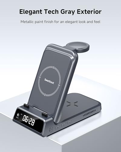 Image of SwanScout 703S Charging Station for Samsung S26 Ultra, 3-in-1 Wireless Charger for Galaxy S26+ /S25 /S24 Ultra /S24 /Z Flip /Fold, for Galaxy Watch Ultra /8 /7 /6, for Galaxy Buds3 Pro (No Adapter) (Grey)