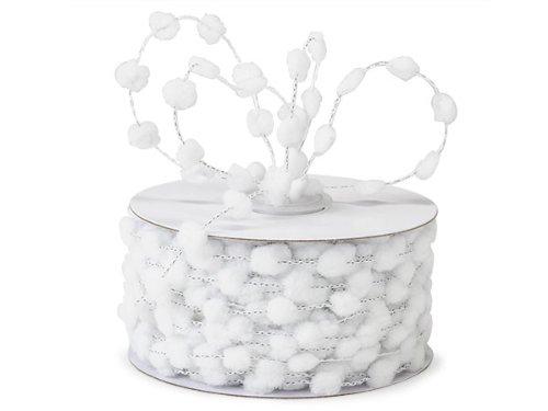 Pack Of 1, White Wired Pom Pom Cord 25 Yards w/Matching Color Wire As Great Packaging Decoration