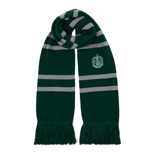 Harry Potter Slytherin Knitted Crest Scarf - Green & Silver with Tassels - Inspired by Prisoner of Azkaban - 66 x 7 - Soft Winter Knit Scarf for Kids & Adults - Wizarding World Costume Accessory