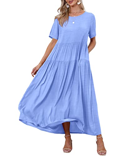 YESNO Women Casual Loose Bohemian Floral Dress with Pockets Short Sleeve Long Maxi Summer Beach Swing Dress XL EJF Light Blue