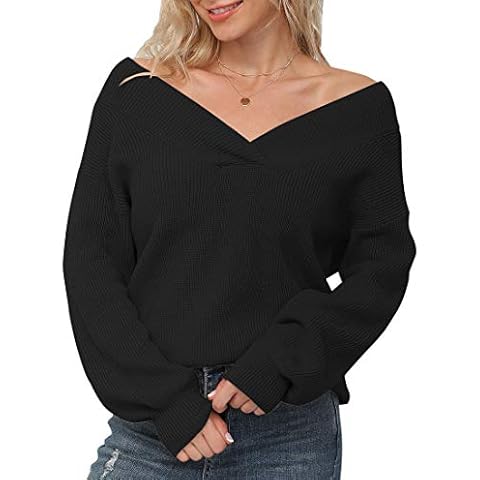 Feiersi Women's Off Shoulder Sweater Long Sleeve Loose Tops V-Neck Pullover Knit Jumper(Black,Small) Cover
