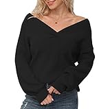 Feiersi Women's Off Shoulder Sweater Long Sleeve Loose Tops V-Neck Pullover Knit Jumper(Black,X-Large)