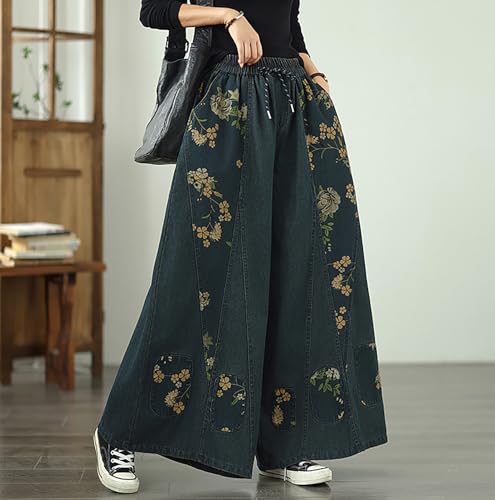 LAI MENG FIVE CATS Women's Casual Loose Denim Wide Leg Baggy Jeans Drawstring Elastic Waist Pants2