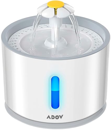ADOV Cat Water Fountain for Drinking 2.4L, Automatic Pet Water Dispenser, Ultra Silent Pump, LED Light, Activated Carbon Filter, Healthy, Fresh and Hygienic Water Bowl for Kitten, Dogs - Grey