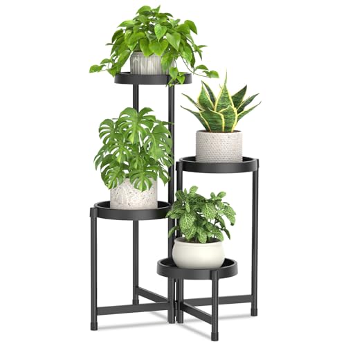 LASZOLA Plant Stand Indoor Outdoor Tall with Plastic Tray, 4 Tiers Black