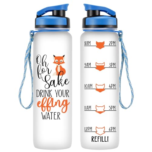 LEADO 32 oz 1 Liter Motivational Water Bottle with Time Marker - for Fox Sake Drink Your Effing Water - Funny Christmas, Birthday Gifts for Women Men Mom Daughter Sister Wife Friend Coworker