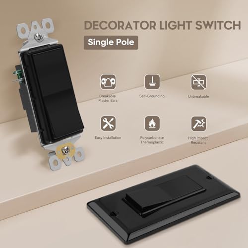 Image of ECOELER Black Decorative Light Switch, Single Pole Decora Rocker Electrical Wall Switches, 15A 120 /277V, Self-Grounding, On /Off Rocker Paddle Interrupter for Residential and Commercial, 10 Pack