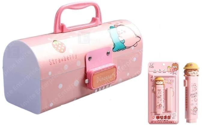 Image of Dino Pencil Box Set with Eraser, Lockable School Case | Dinosaur-themed pencil box with handle, lock design and cartoon cap eraser for organized school supplies.