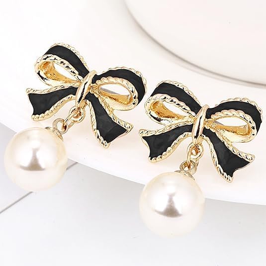 Gold Bow Earrings for Women, Long Tassel Chain Drop Earrings, Trendy Small Bow Earrings, Ribbon Waterfall Dangling Earrings, Pearl Bow Earrings, Sparkly Elegant Bowknot Preppy Jewelry Gifts for Women - Image 2
