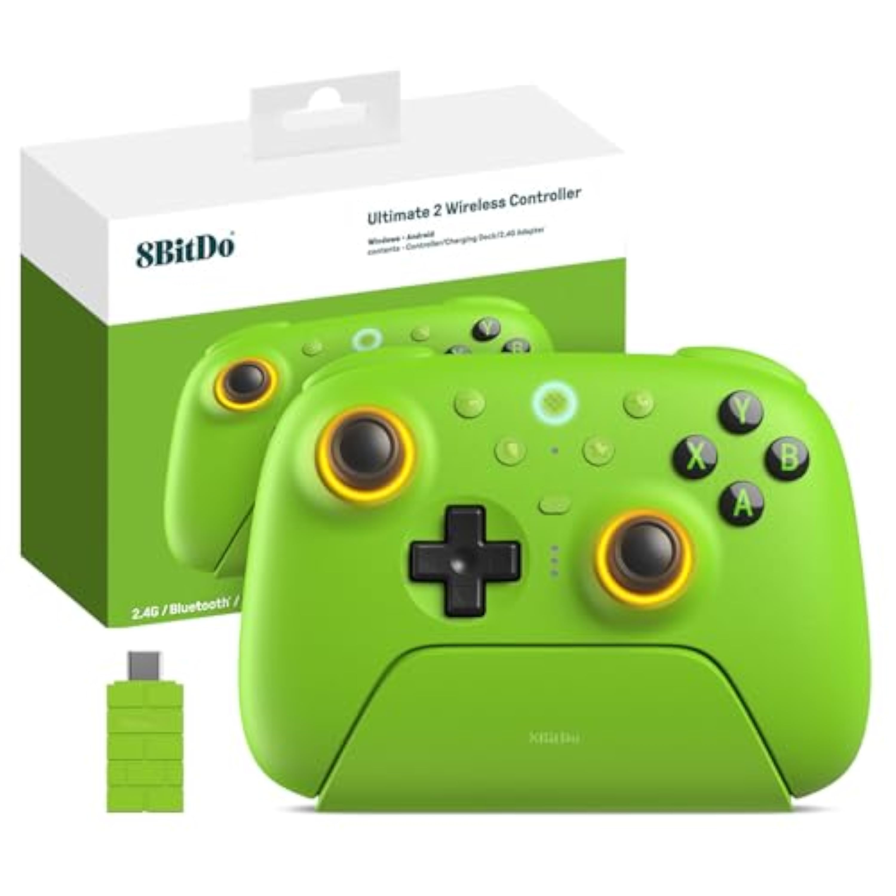 8Bitdo Ultimate 2 Controlador Inalámbrico para PC Android, Joystick TMR, Gatillos Táctiles/Efecto Hall Conmutables, Anillo Fuego RGB, Controlador Juegos Inalámbrico 8Speed con Base Carga, Verde
