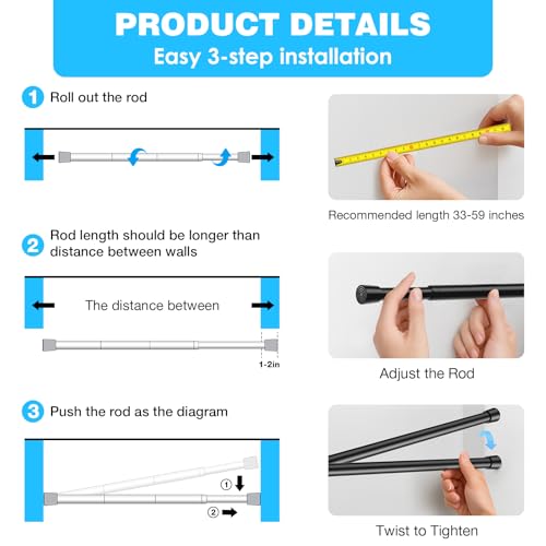 Image of MEXAU 3Pack Spring Tension Curtain Rod 33-59 inch Black Small Tension Rod
