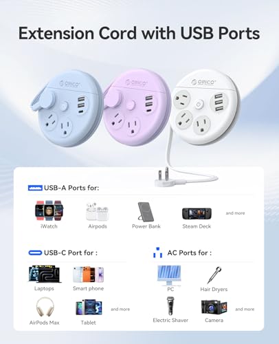 Image of ORICO Power Strip with USB Ports, 4Ft Wrapped Extension Cord with Multiple Outlets, 3 Outlets & 3 USB Ports (1 USB C), Flat Plug Power Strip for Cruise /Home /Office /Dorm Essentials, Blue