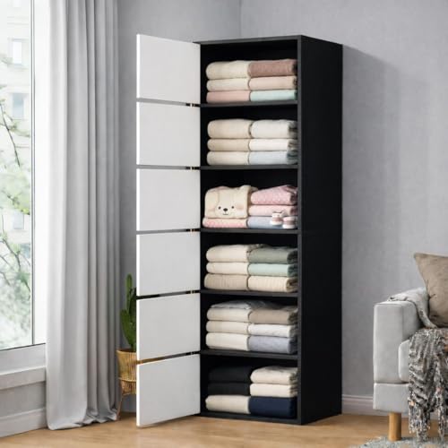 Image of 6-Door Morden Wooden Collapsible Wardrobe for Storage /Space Saving Wooden Wardrobe with Doors /Collpsible Storage Organiser /Living Room -Mapple (Black, 6 Layer)