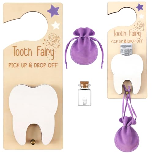 Image of DoubleFill Fairy Tooth Gift Holder Bag Door Hanger Lost Teeth Keepsake Box Tooth Fairy Kit Stores Back to School Gift for Lost Teeth Boy Girl Primary School Classroom Gifts(Classic,Purple)