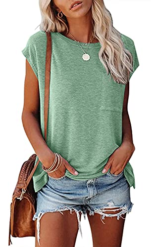 Womens Summer Casual Tops 2024 Basic Loose Cap Sleeve Tshirts Solid Color Blouse with Pocket