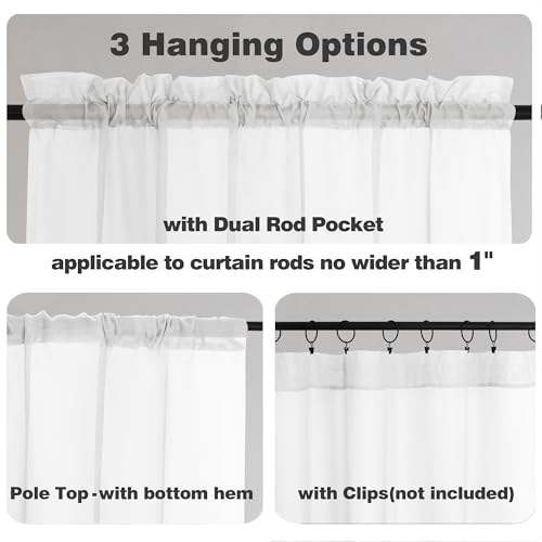 Image of Chyhomenyc White Sheer Valances for Windows - Light Filtering Small Kitchen Curtains, Rod Pocket Short Top Window Treatment Decor for Living Room Bathroom Basement, 42Wx16L inches, 2 Panels