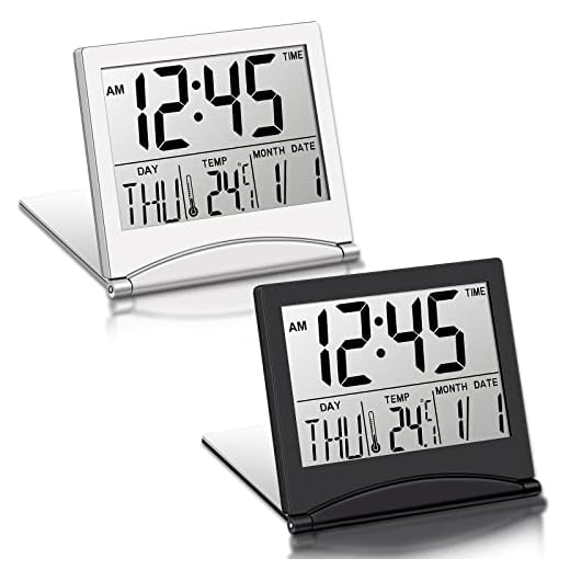 2 Pieces Digital Travel Alarm Clock Battery Operated Foldable LCD Clock with Calendar Temperature Snooze Mode Multifunction Small Desk Clock Portable Clock Large Display Desk Clock (Black, Silver)