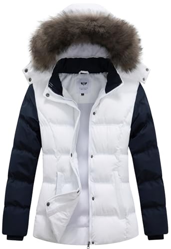 GGleaf Women's Hooded Winter Coat: Cozy Quilted Puffer Jacket in Chic White & Navy, X-Large
