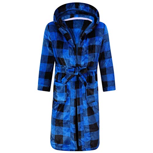 SRVNFBKT Boys Girls Robe Soft Fleece Bathrobe for Kids Blue Plaid 11-12Y