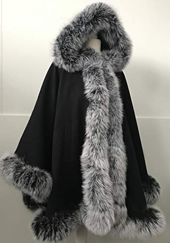 Poncho Cape hood cashmere fox fur trim Poncho Cape hood cashmere fox fur trim