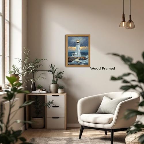 Blue Ocean Island Lighthouse Wall Art, Coastal Waves Textured Canvas Prints Poster Wall Decor Gifts, Preppy Style Home Decor for Bedroom Living Room or Office 16x12inch Wood Framed — view 6