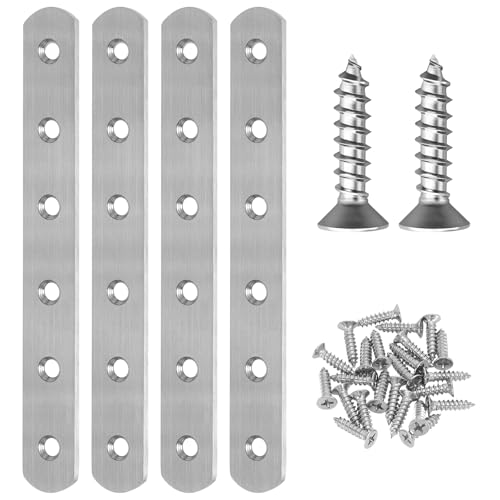 AUGHOA 4 PCS Straight Brackets, Stainless Steel Flat Straight Brace, 6 inch, Metal Brackets with 24 Screws for Furniture Repair Fixing