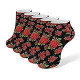 4TH N Women's 5-Pairs Casual Fashion Elastic Ankle Socks, Outdoor Sports Low Cut Sock for Office, Home, Daily Essentials (Floral Flowers Red Rose)