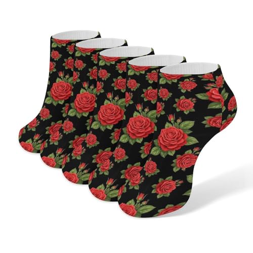 4TH N Women's 5-Pairs Casual Fashion Elastic Ankle Socks, Outdoor Sports Low Cut Sock for Office, Home, Daily Essentials (Floral Flowers Red Rose)