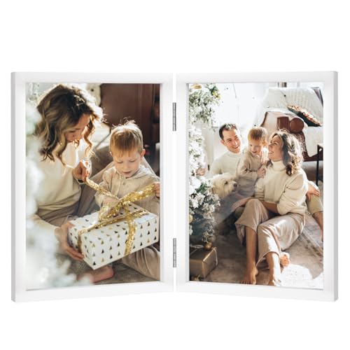 Double Photo Frame 4x6 Hinged Folding Wood Picture Frame with Glass Front Stand Vertical on Desktop White