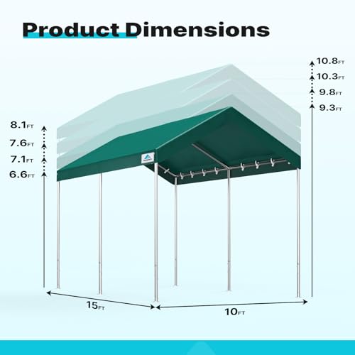 Image of ADVANCE OUTDOOR 10x15 ft Heavy Duty Carport Potable Car Canopy Garage Party Tent Boat Shelter, Adjustable Height from 9.5 ft to 11 ft, Green