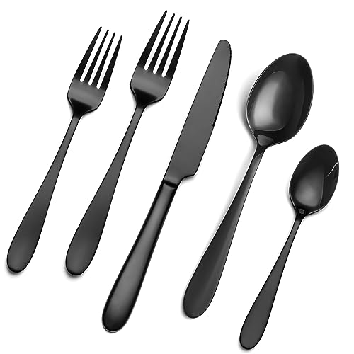 Image of 40 Piece Black Silverware Set Service for 8, EIUBUIE Premium Stainless Steel Black Cutlery Set, Mirror Polished Flatware Sets, Modern Kitchen Eating Utensils Sets Include Forks Spoons Knives