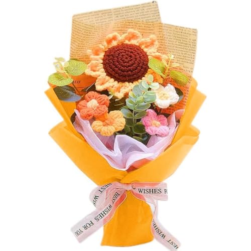 Nikuoan Crochet Flowers Bouquet,Handmade Knitted Bouquet, Crochet Flower Kit Knitted Fake Sunflower Daisy, Preserved Ramo De Flores‌ Gift for Mother's Day Friends Daughter Wife on Birthday Anniversary