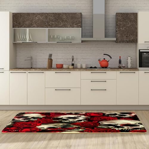 Alfombrillas de cocina VAPOKF evite resbalones con estas alfombras de calaveras y rosas 3