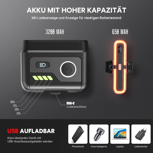 Fahrradlicht Set 100LUX, Fahrradrücklicht Mit Bremsfernlichtfunktion, Aufladbar Fahrradlampe mit 3200mAh Akku, StVZO zugelassen, IPX5 Wasserdicht Frontlicht & Rücklicht Set für Fahrrad MTB Ebike