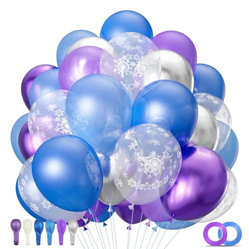 Image of 68Pcs Purple and Blue Party Balloons Kit 12 Inch Pearl Light Blue Metallic Purple Silver Snowflake Balloons with Ribbons for Winter Theme Birthday Wedding Girls Party Decorations.