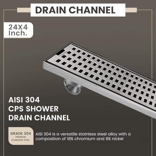 Image of EVANEX Linear Shower Drain Channel | 24x4 Inches Bathroom Drainer | Waste Water Linear Floor Drain Channel | 304 Stainless Steel Bathroom Drainer with Anti Cockroach Trap | Bathroom Jali