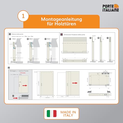Porte Italiane, Unsichtbare Schiebetürschiene MAGICAL 1200, für Holzschiebetür vor der Wand von 80 cm bis 120 cm Breite, Kit mit Mechanismus, Zubehör und Führung
