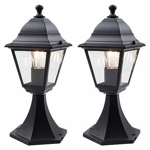 firstchoicelighting Set of 2 Modern Black with Clear Glass Lantern Design Outdoor Post Lights, Garden Pedestal Light, IP44 Rated, Compatible with LED Bulbs