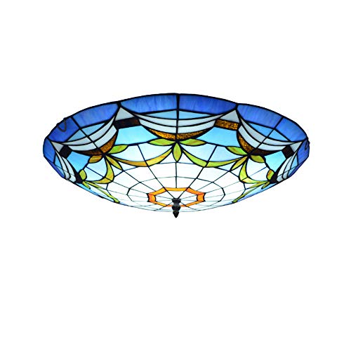 Litfad Tiffany Traditional Ceiling Mount Light Bowl Shade Stained Glass Mission Inverted Ceiling Lamp Flush Ceiling Light Pendant Lighting For Living Room Bedroom Hotel Cafe - Blue, 16"(40Cm) #TOP1