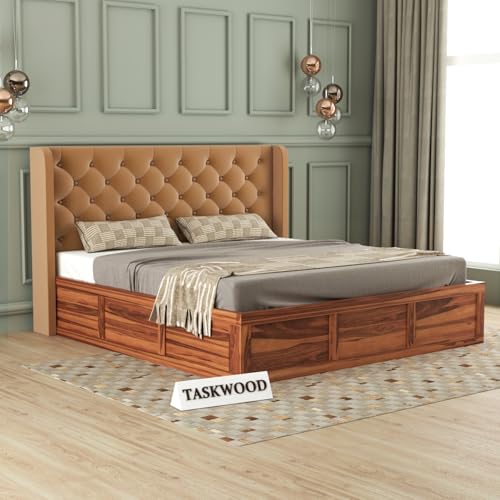 Image of Solid Sheesham Wood King Size Bed with Storage | Wooden Double Bed Cot Bed with Box Storage & Velvet Upholstered Cushioned Headboard for Bedroom (Honey B, King)