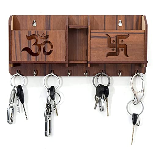 Image of Handcrafted MDF Wood Key Holder with Shelf & Mobile Stand - Wall-Mounted Organizer with 8 Hooks (Traditional)