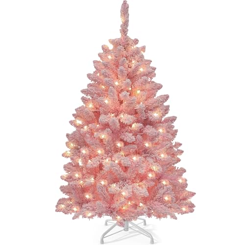 YITAHOME137cm Prelit Pink Flocked Spruce Artificial Christmas Tree Pre-Lit Pink Christmas Tree with 400 PVC Tips and 200 Warm-White Lights for Home Office Decoration