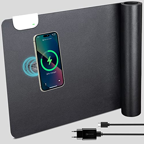 GORESE Almohadilla de escritorio de cuero carga inalámbrica Alfombrilla de ratón Protector Escritorio 900x420x4mm con 10W Mesa de carga rápida Mousepad de piel para la oficina/Hogar