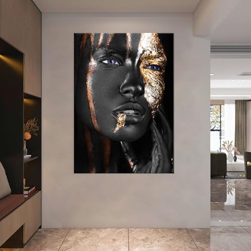 Peinture toile visage femme noir et or pour sublimer la déco de votre chambre