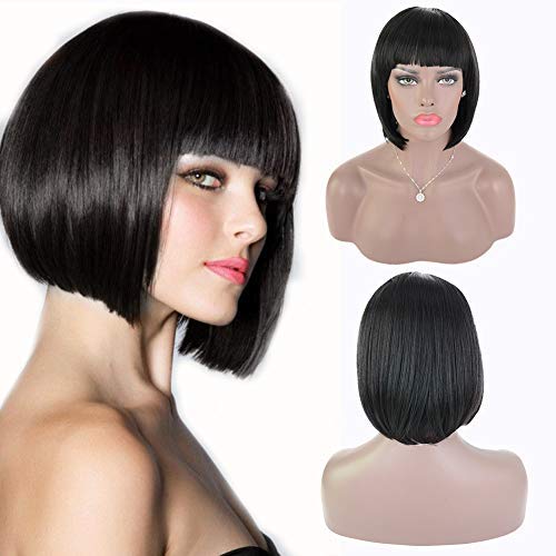 Halloween Black Short Bob Hair Wigs for Women Heat Resistant Synthetic Hair Replacement Straight Wigs Costume Cosplay Party (Black)