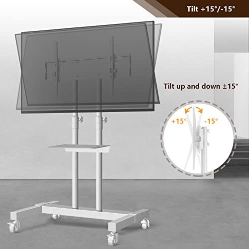 Mobile Tv Stand Rolling Tv Cart Floor Stand With Mount On Lockable Wheels Height Adjustable Shelf For 32-80 Inch Tv Stand Flat Screen Or Curved Tvs Monitors Display Trolley Loading 110 Lbs, White #TOP6